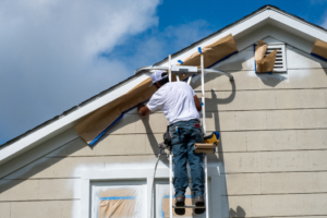 a person on a ladder painting a house